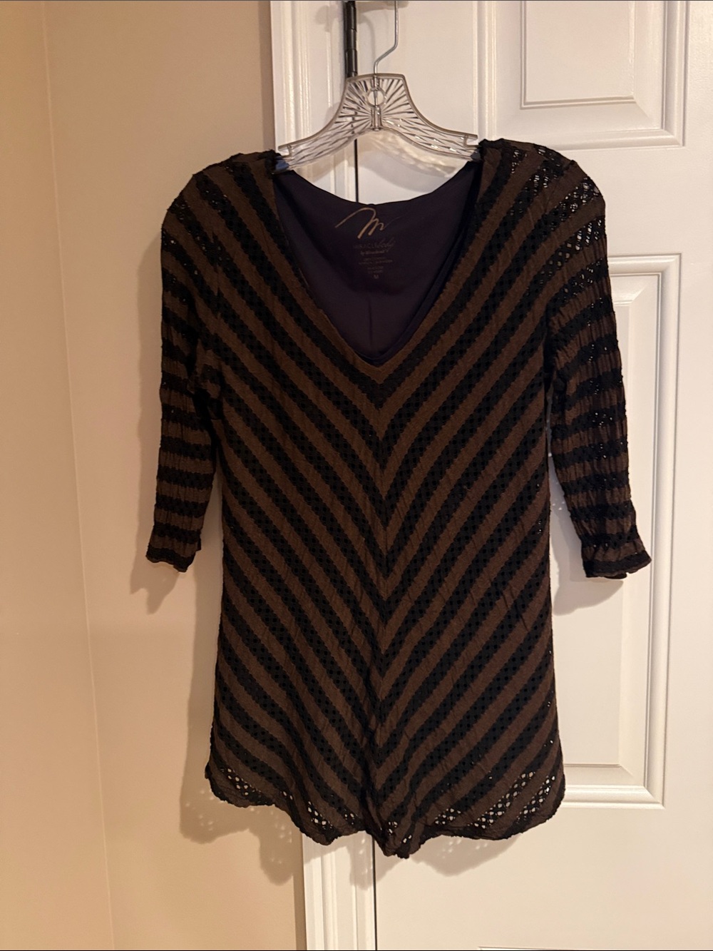 Miraclesuit Black and Brown Striped V-Neck Knit Top